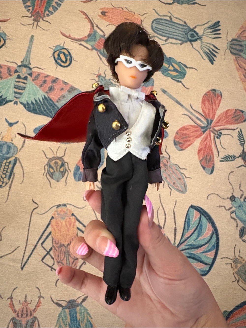 Sailor Moon Tuxedo Mask Doll in Black and White Costume with Red Cape